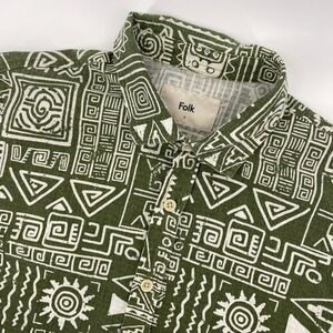 Folk Button Down Shirt Mens Small Green Geometric Tribal Print Short Sleeve Top
